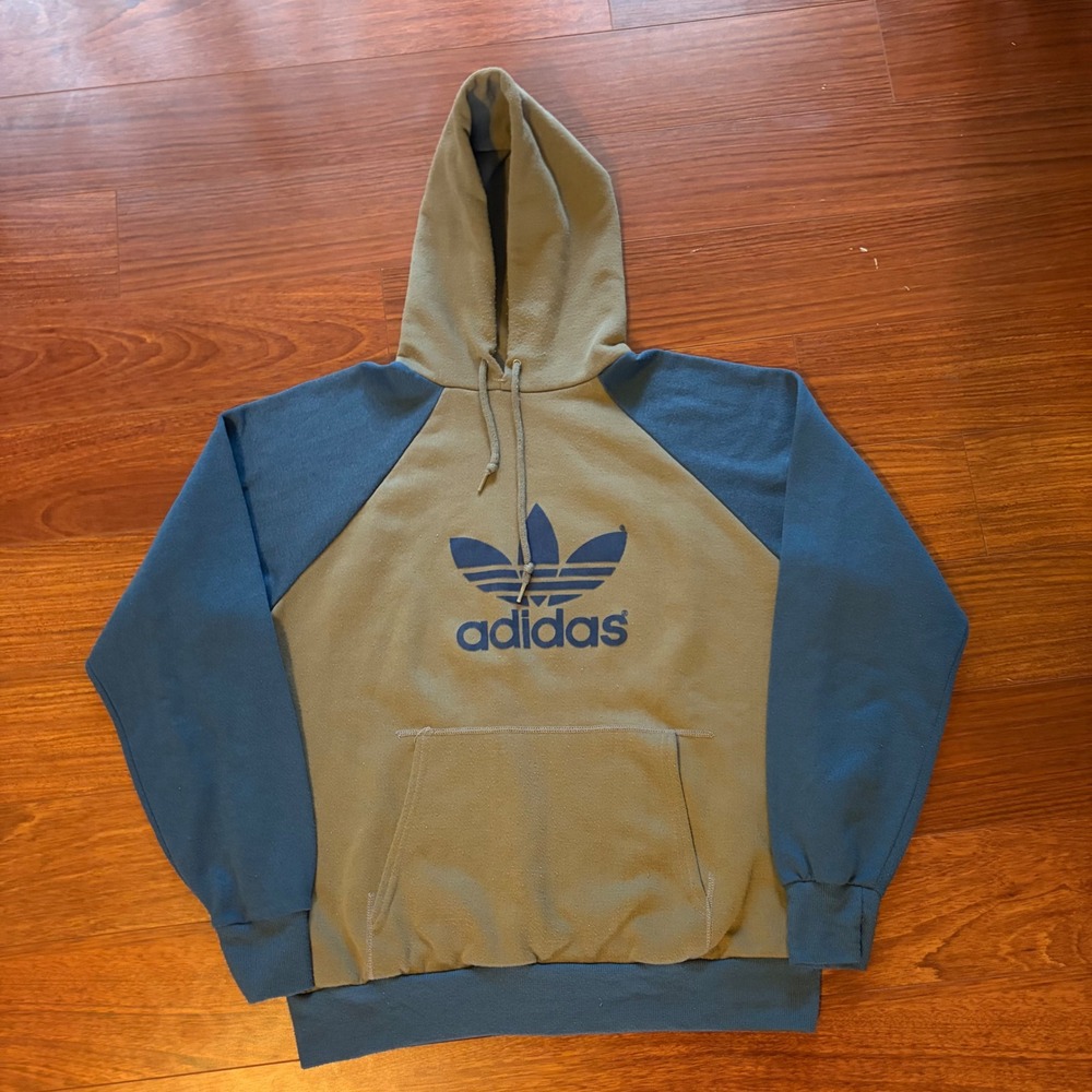 Vintage 70s/80s Adidas Trefoil Hoodie Mens L Made USA Two Tone Raglan Sweatshirt